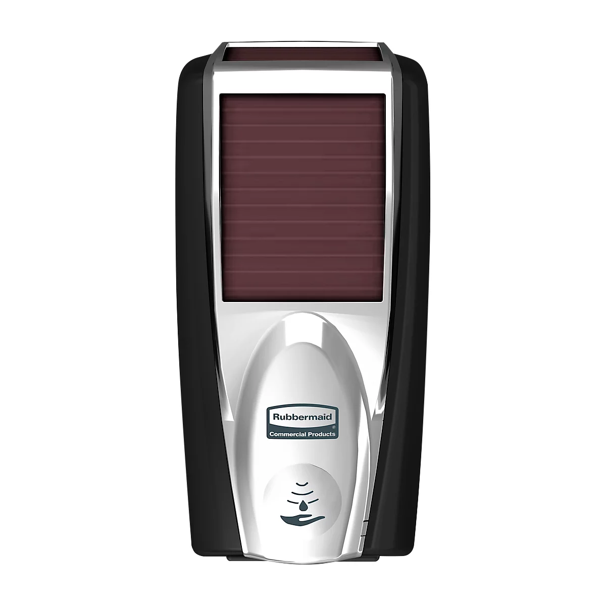Distributeur de savon et de désinfectant Rubbermaid LumeCel, AutoFoam, 1100 ml, alimenté par la lumière, automatique &amp; sans contact, pour mur/support, chromé/noir