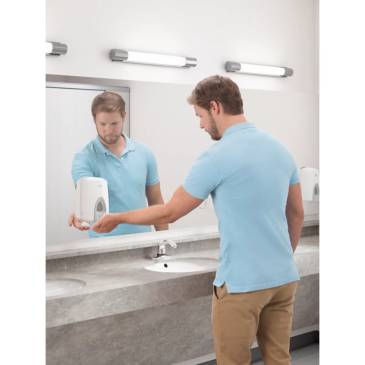 Distributeur de savon mousse Rubbermaid, capacité 800 ml, manuel, bouton-poussoir antimicrobien, fenêtre, garantie à vie, plastique, blanc/gris