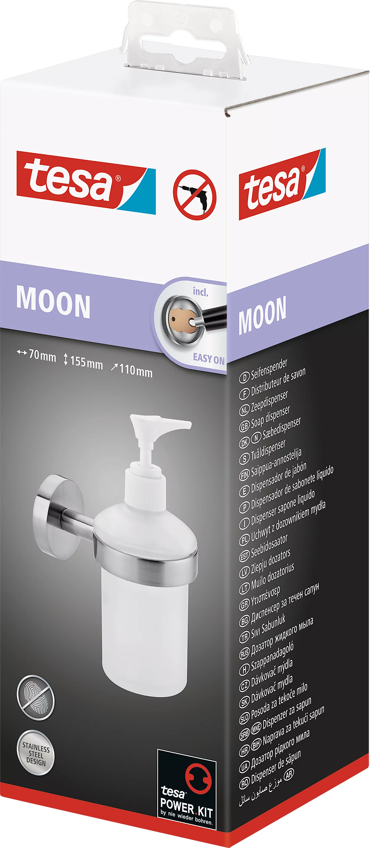 Distributeur de savon tesa Moon, rond, fixation sans perçage, amovible,  aspect inox à prix avantageux