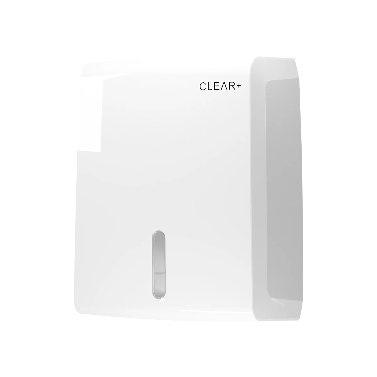 Un distributeur rectangulaire blanc avec l'inscription CLEAR+ et une fenêtre de visualisation verticale.