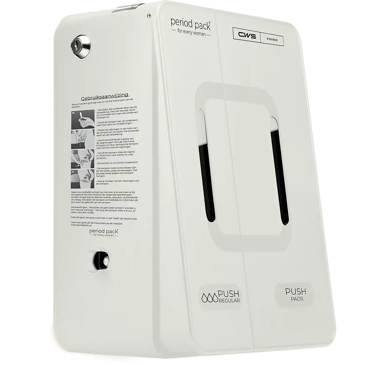 Distributeur blanc CWS Period Pack pour produits d'hygiène féminine avec instructions.