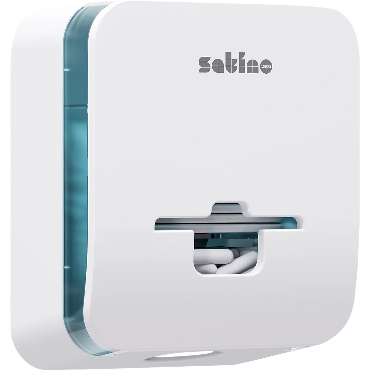 Distributeur d'essuie-mains blanc Satino avec fenêtre transparente bleue sur fond neutre.