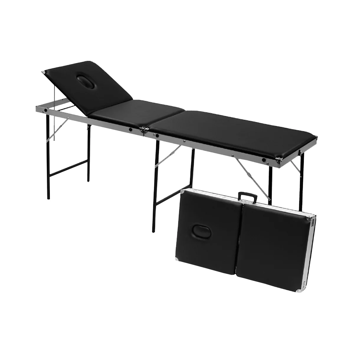 Table de massage noire avec têtière réglable et valise de transport pliée.