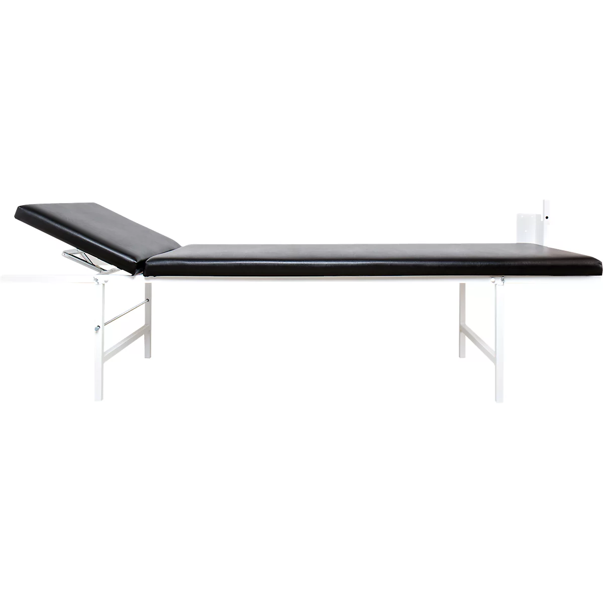 Divan d'examen pliant mural, L 2000 x l. 700 x H 500 mm, cadre carré en acier blanc, revêtement en similicuir noir