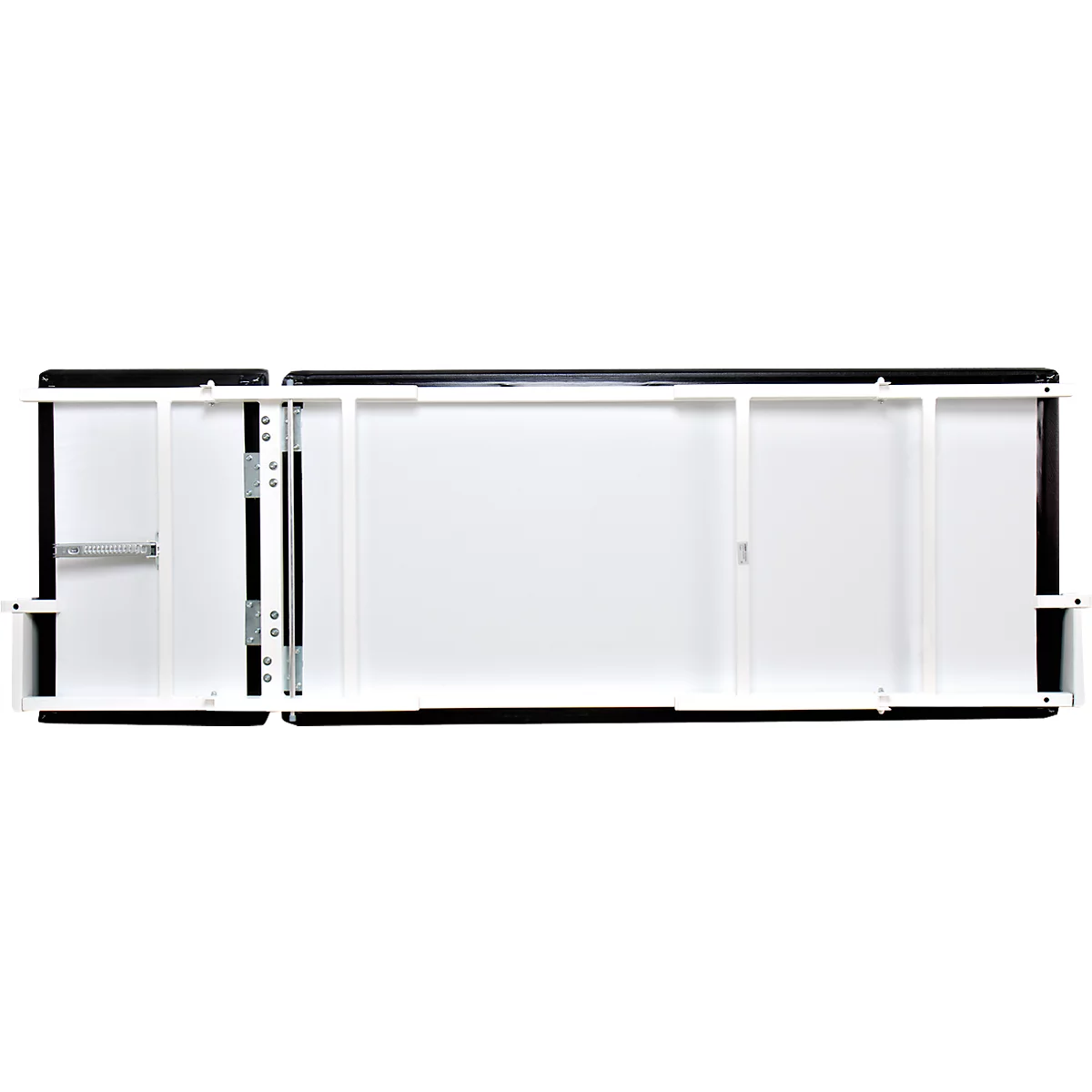 Divan d'examen pliant mural, L 2000 x l. 700 x H 500 mm, cadre carré en acier blanc, revêtement en similicuir noir