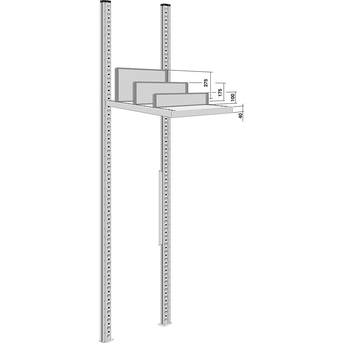 Shelf with three gray, rectangular objects on a platform; dimensions.