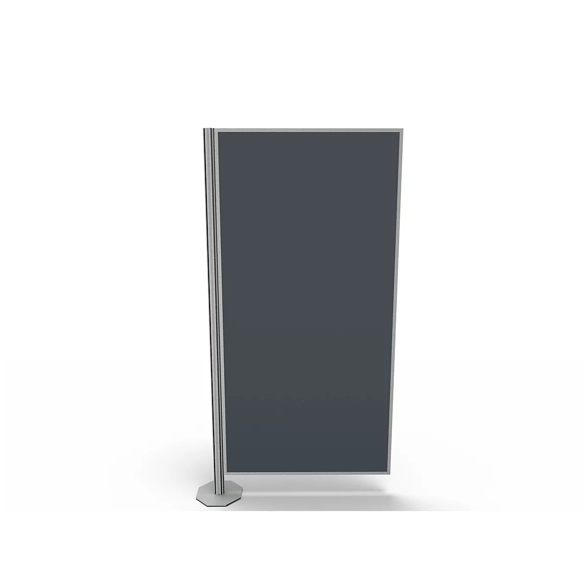 Grey freestanding screen with hexagonal base. Grey area for information.
