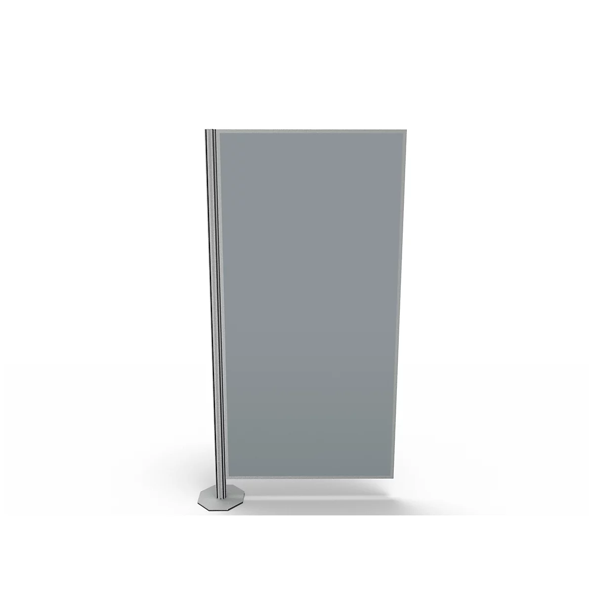 Gray advertising sign with silver holder, against white background.