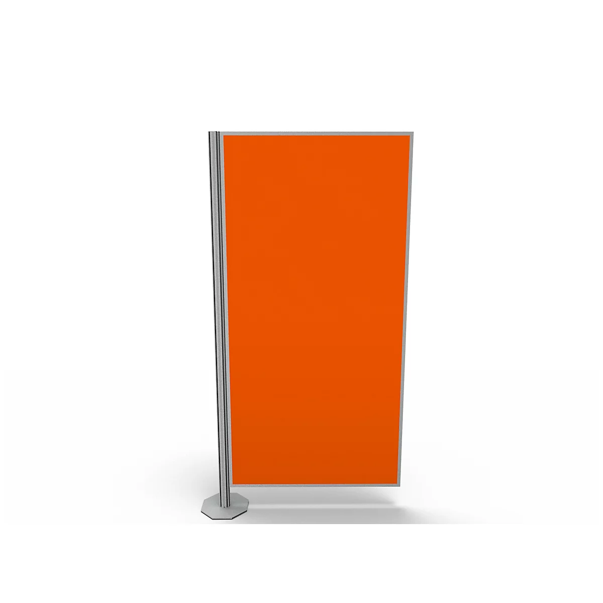 Orange, rectangular room divider, metal frame, gray base.