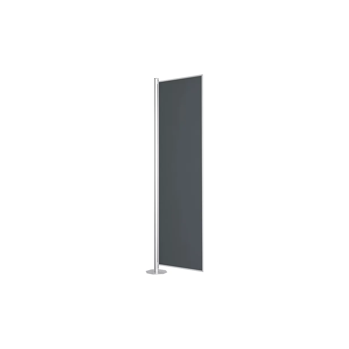 Grey freestanding room divider. Silver frame and base. The wall is rectangular.