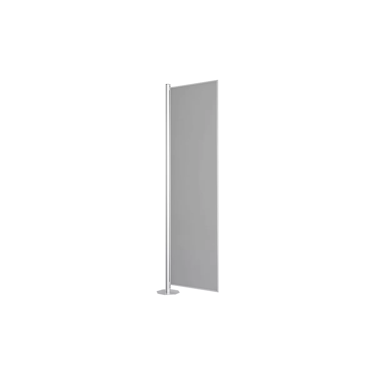 Gray freestanding room divider with silver, round base and vertical pole.