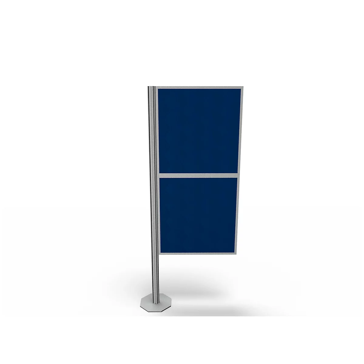 An information stand with two blue boards. The boards are divided by a silver line and stand on a silver foot.