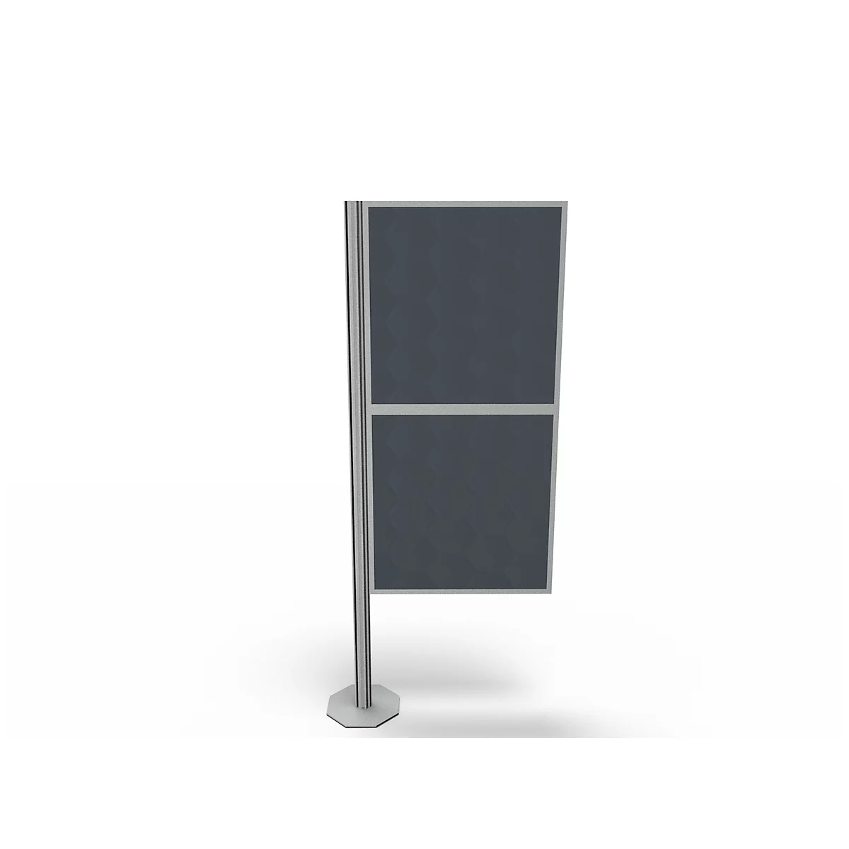 Gray display board with two panels, metallic framed, on a metallic base.
