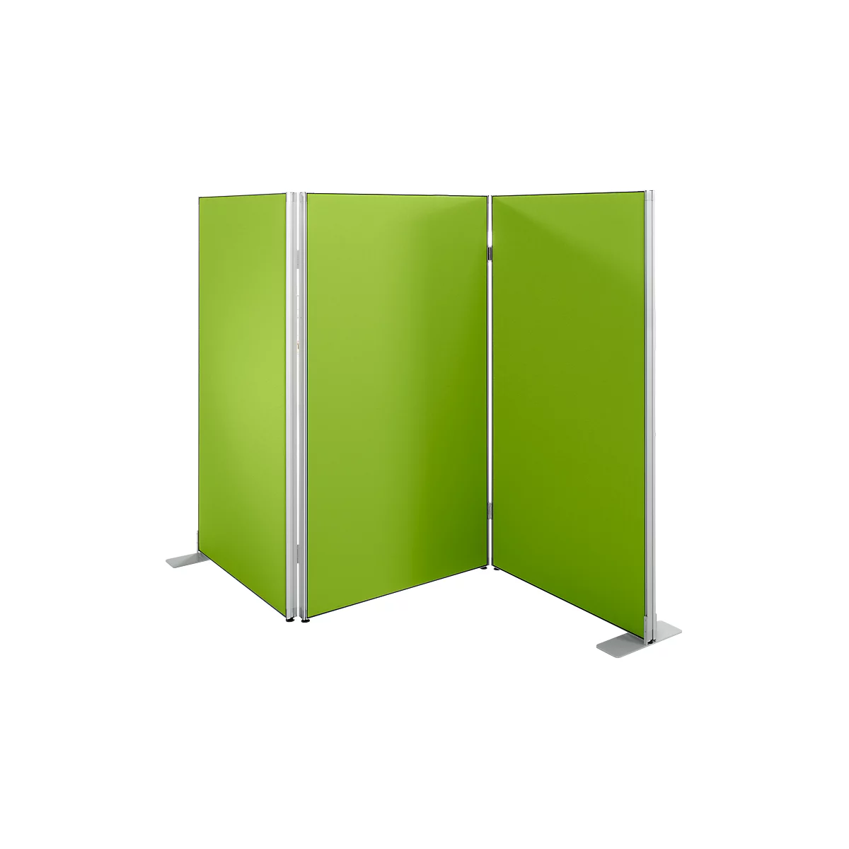 Green, folding room divider element made of fabric with silver frames.