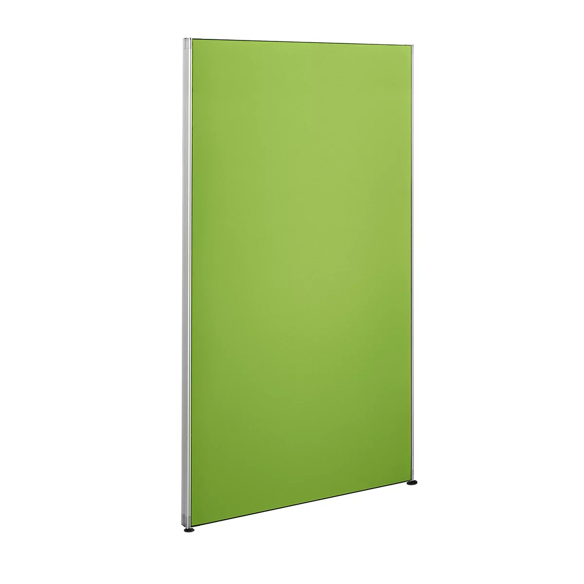 Green freestanding office partition with a silver frame. The wall stands slightly angled against a white background.