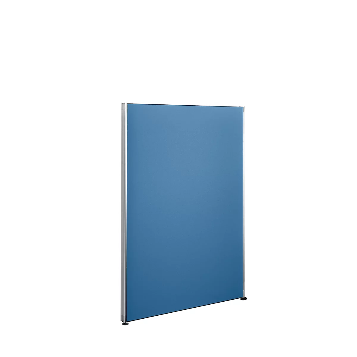 Blue office partition with silver frame on white background.