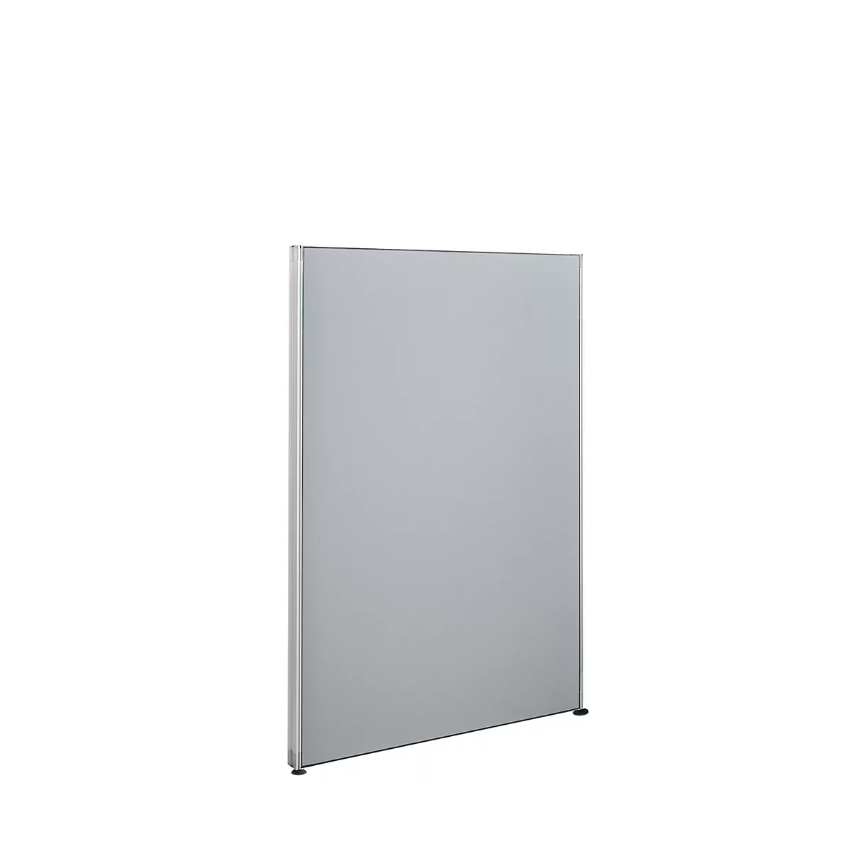 Grey, rectangular partition with silver frame. Standing on a white background.