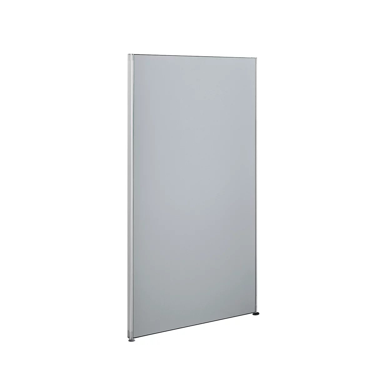 Gray, rectangular office partition with silver frame. Stands on two small feet.