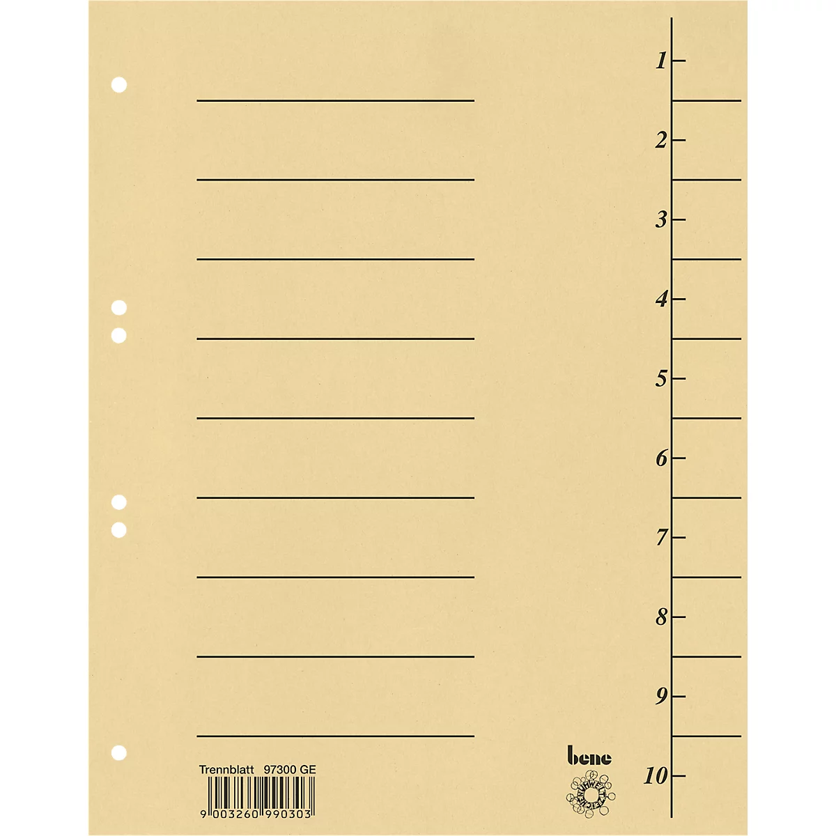 Yellow separator sheet with black lines and numbering from 1 to 10. Brand: bene.