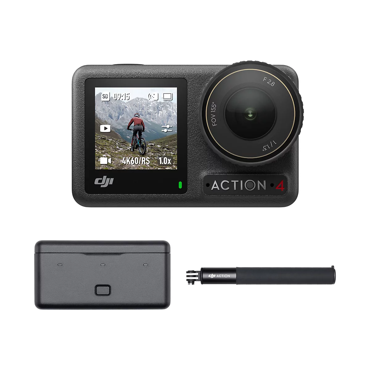 DJI Action 4 Kamera mit Display, Akku-Gehäuse und Zubehörstange vor weißem Hintergrund.