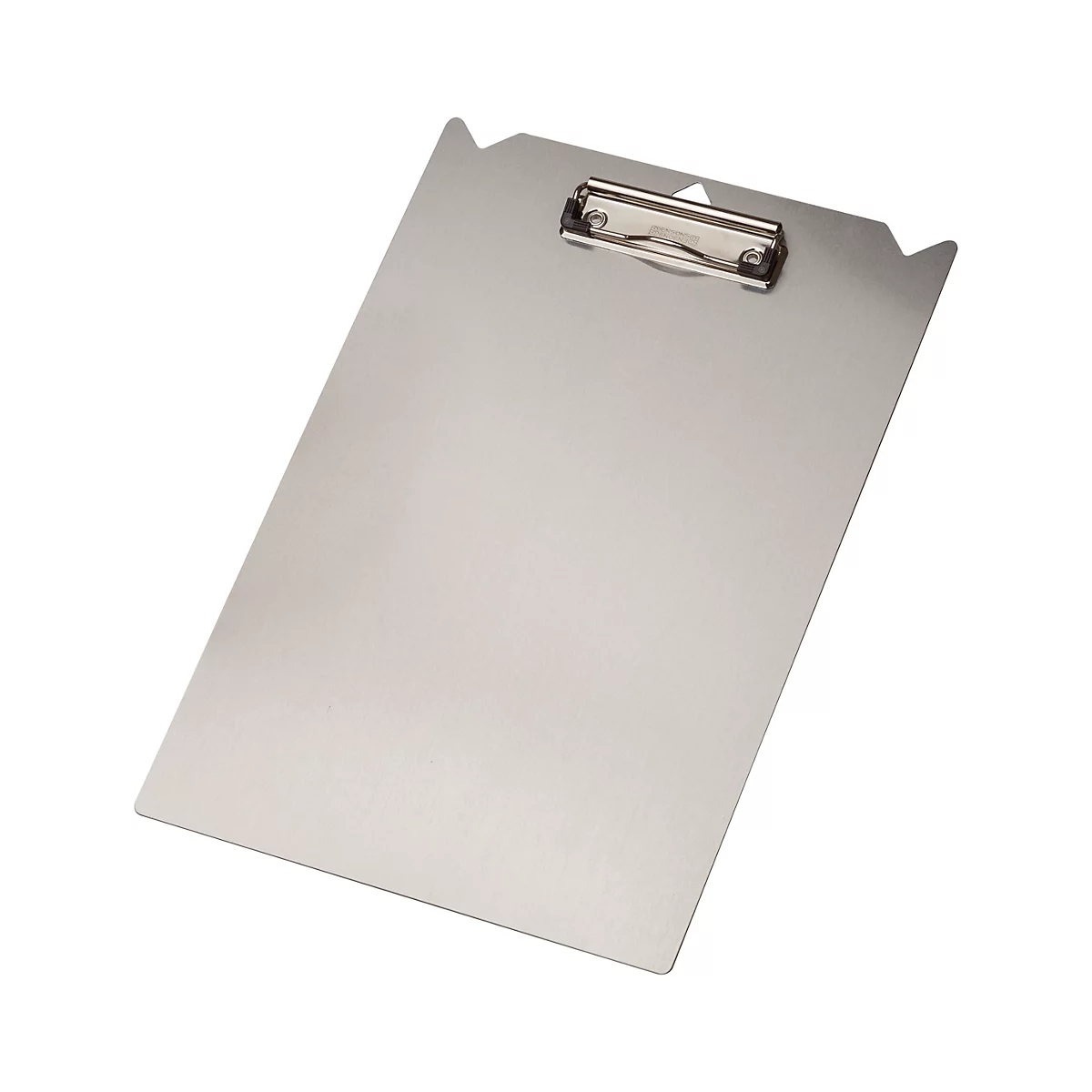 Ein silberfarbenes Klemmbrett aus Metall mit einer stabilen Metallklemme am oberen Rand.