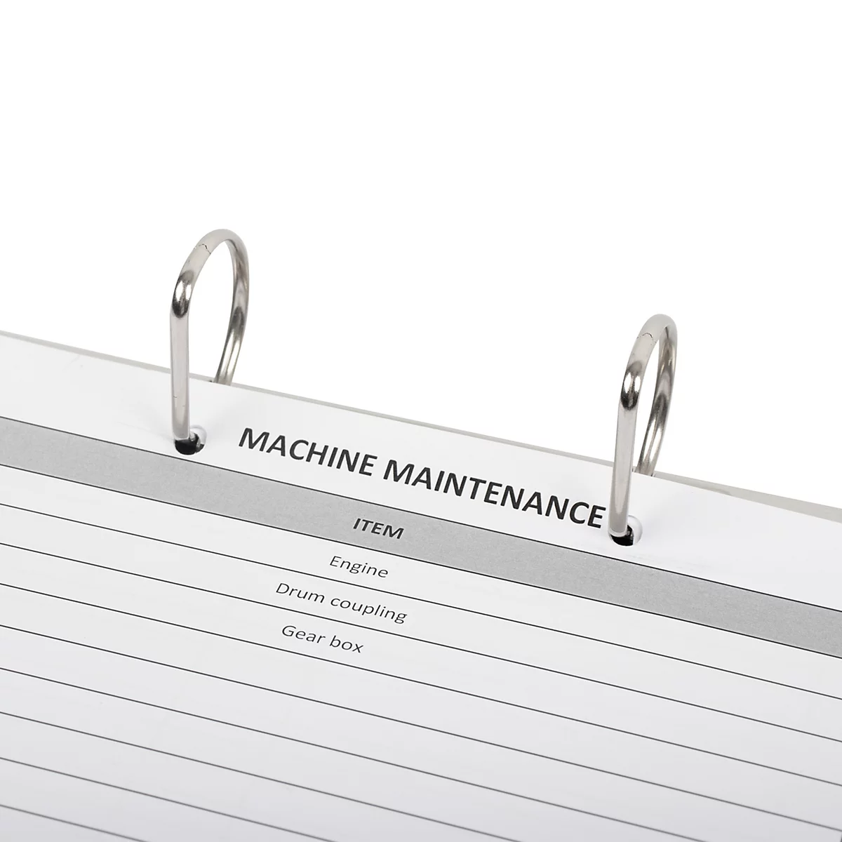Nahaufnahme eines Wartungsplan-Formulars in einem Ringordner mit der Überschrift Machine Maintenance.