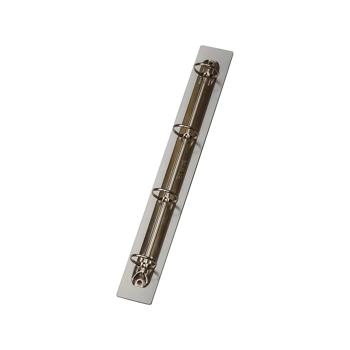 Silberne Metall-Ringmechanik für Ordner mit vier Ringen auf einer schmalen Schiene.