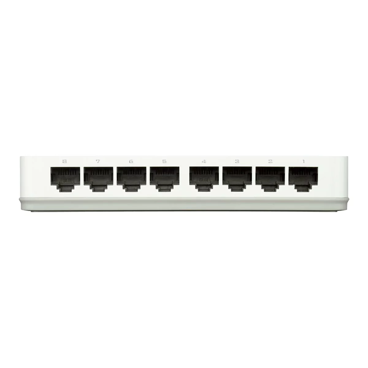 Weißer Switch mit acht Ethernet-Anschlüssen, nummeriert von 1 bis 8.