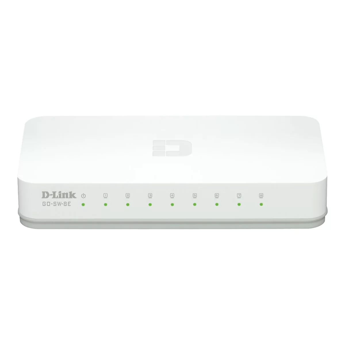 Weißer D-Link Switch, GO-SW-8E, mit grünen LEDs, vor weißem Hintergrund.