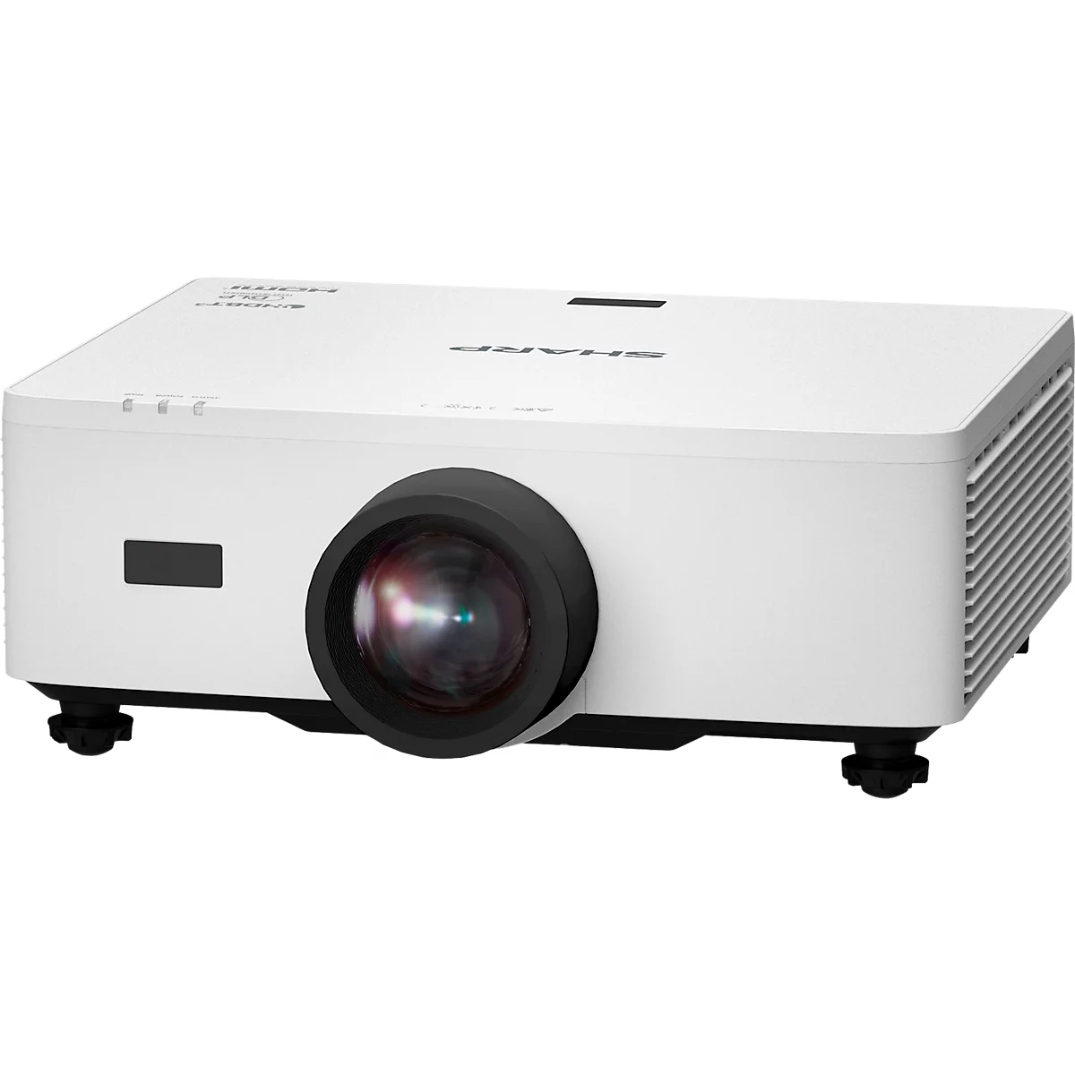 White projector with a black lens dominates the front. It's set on four black feet.