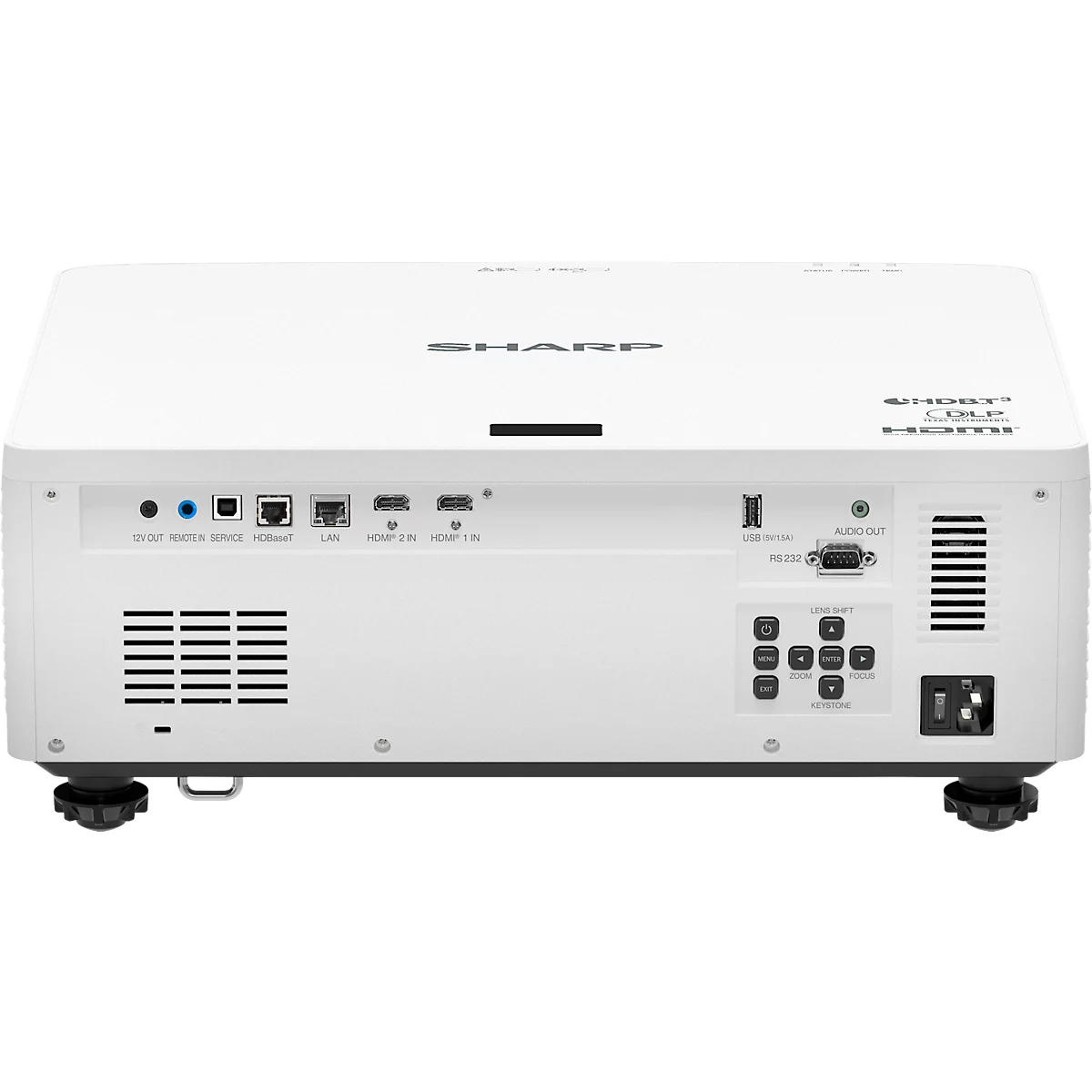 Back of a white SHARP projector with ports and controls. Black lettering identifies the details.