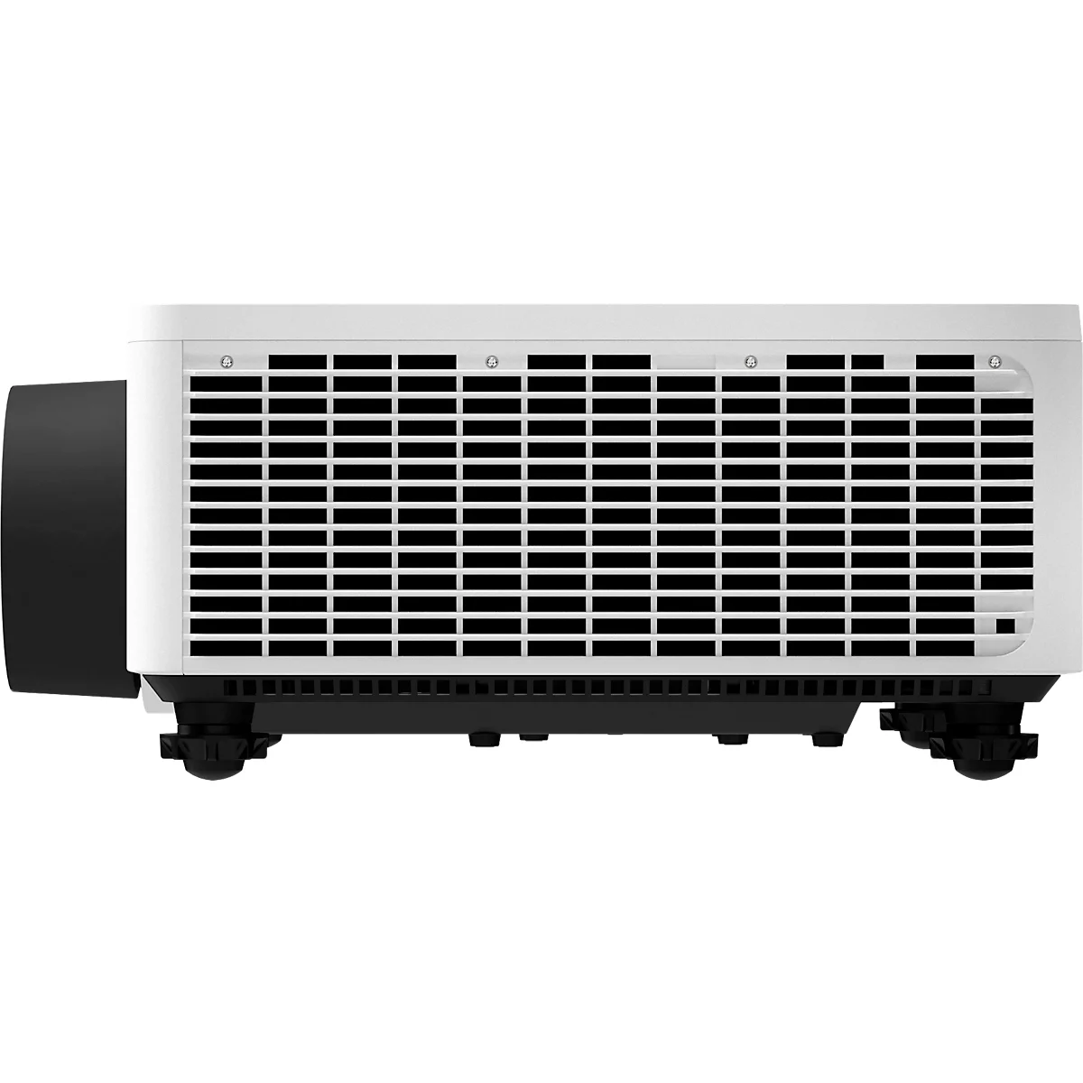 Side view of a white projector with a black lens, ventilation grilles and feet.