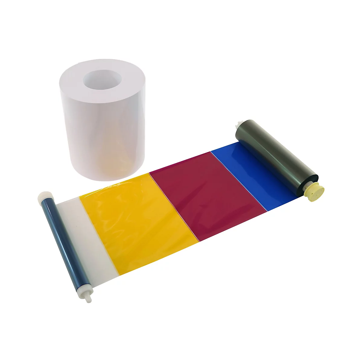 Auf weißem Grund ist eine große Rolle Papier und eine Farbbandrolle mit gelben, roten und blauen Streifen abgebildet.