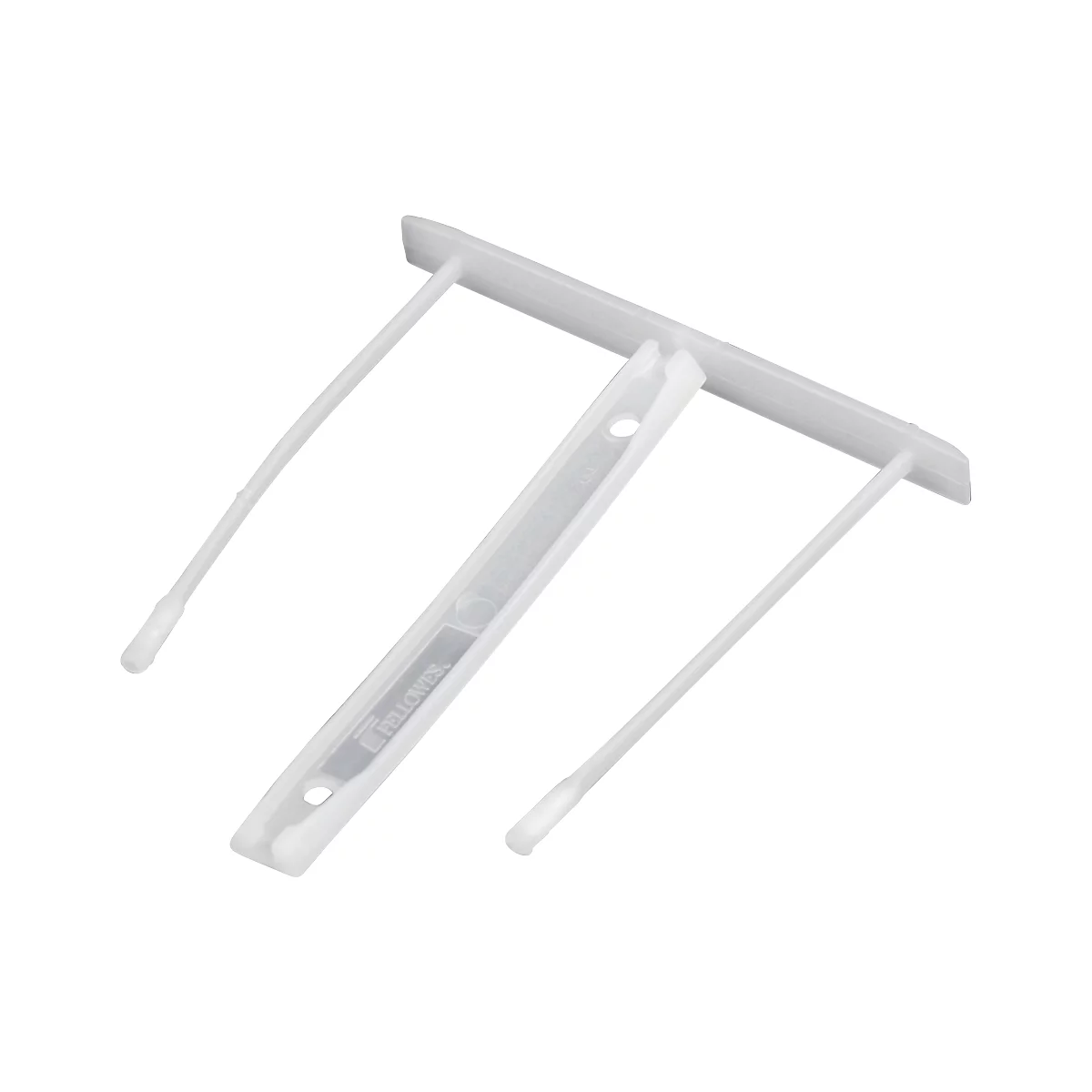 A white lever clip for folders, with elongated arms and holes.