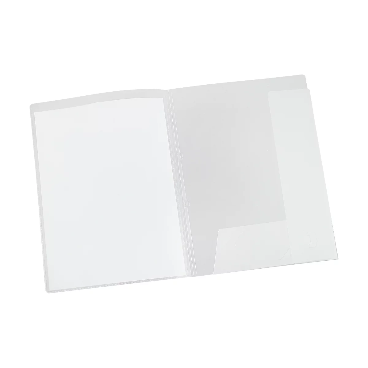 Opened transparent presentation folder filled with white paper. The focus is on the contents of the folder.