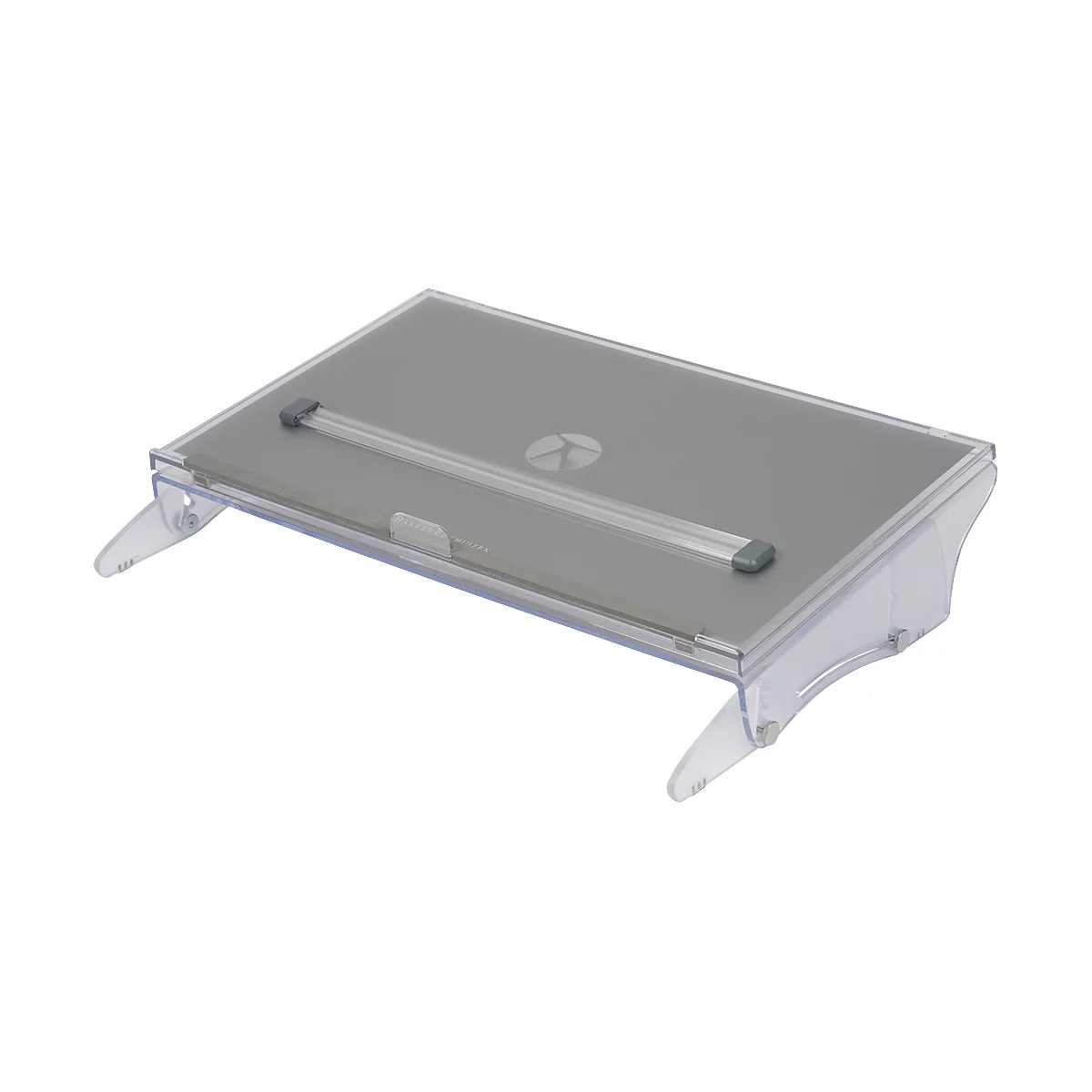 Gray, elevated laptop stand made of transparent plastic, with a silver metal bar.