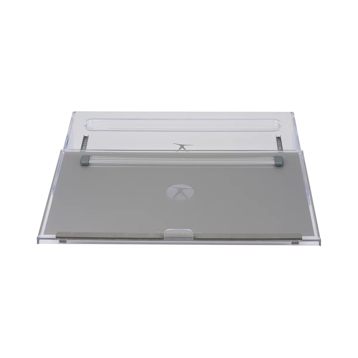 Transparent case with grey lid and a logo in the center.