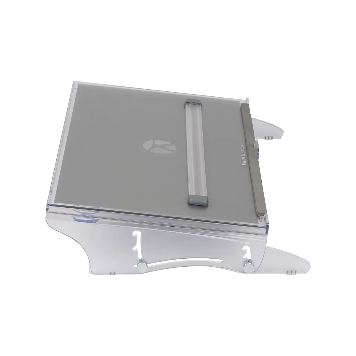 Gray angled plastic document holder with silver bar. The foot is transparent.