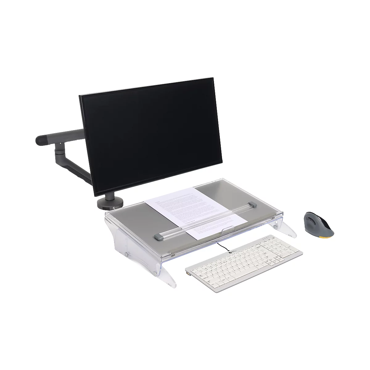A desk setup with monitor, document holder, keyboard, and mouse. The setup is designed for an ergonomic workspace.