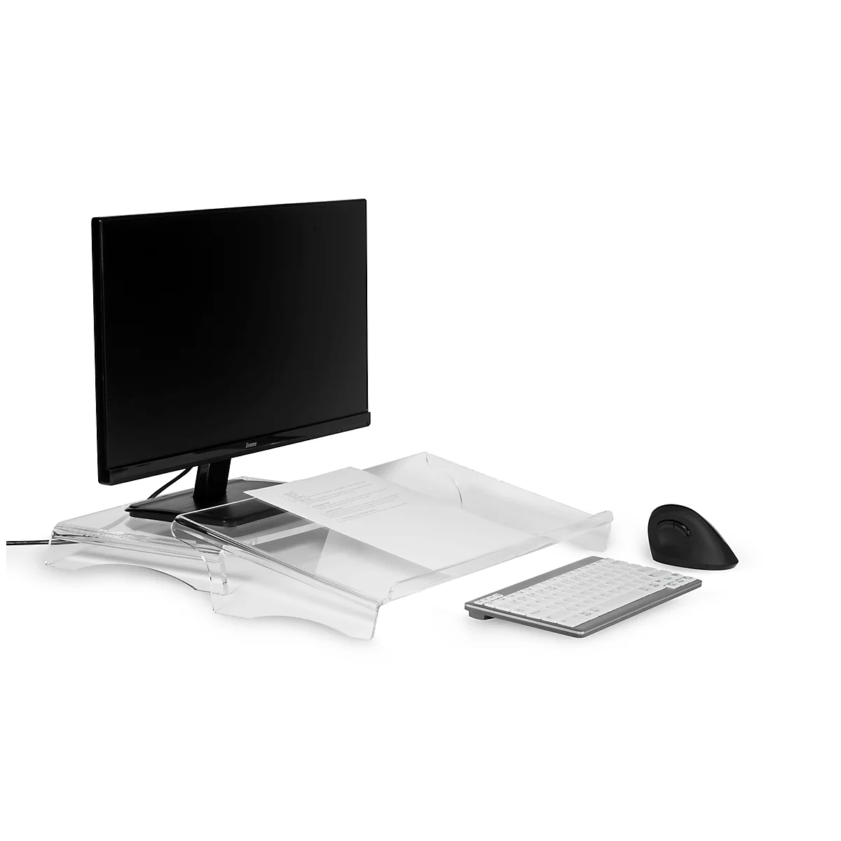 Desk setup with monitor, keyboard, mouse and a transparent shelf.