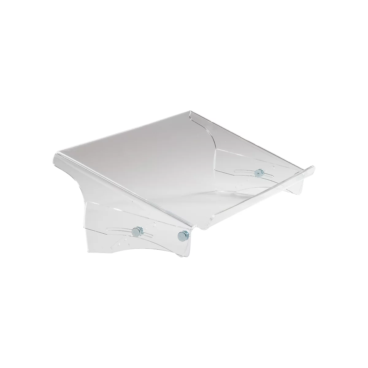 Transparent, corner wall shelf made of plastic, mounted to the wall with screws.