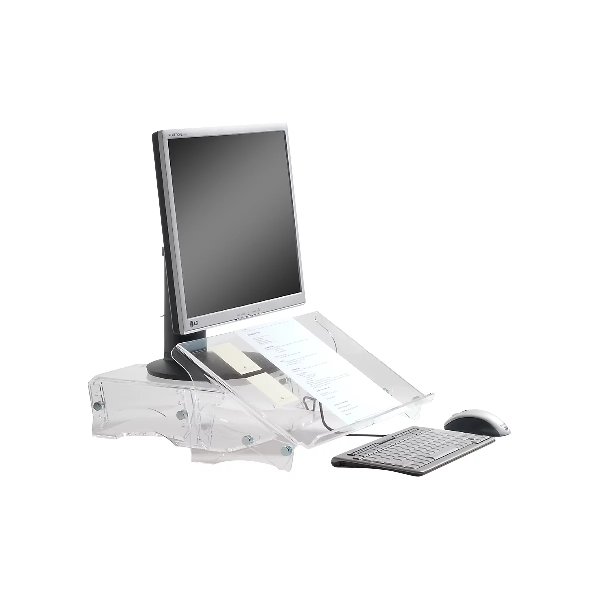 A computer workstation with a monitor, keyboard, and document holder made of transparent plastic.