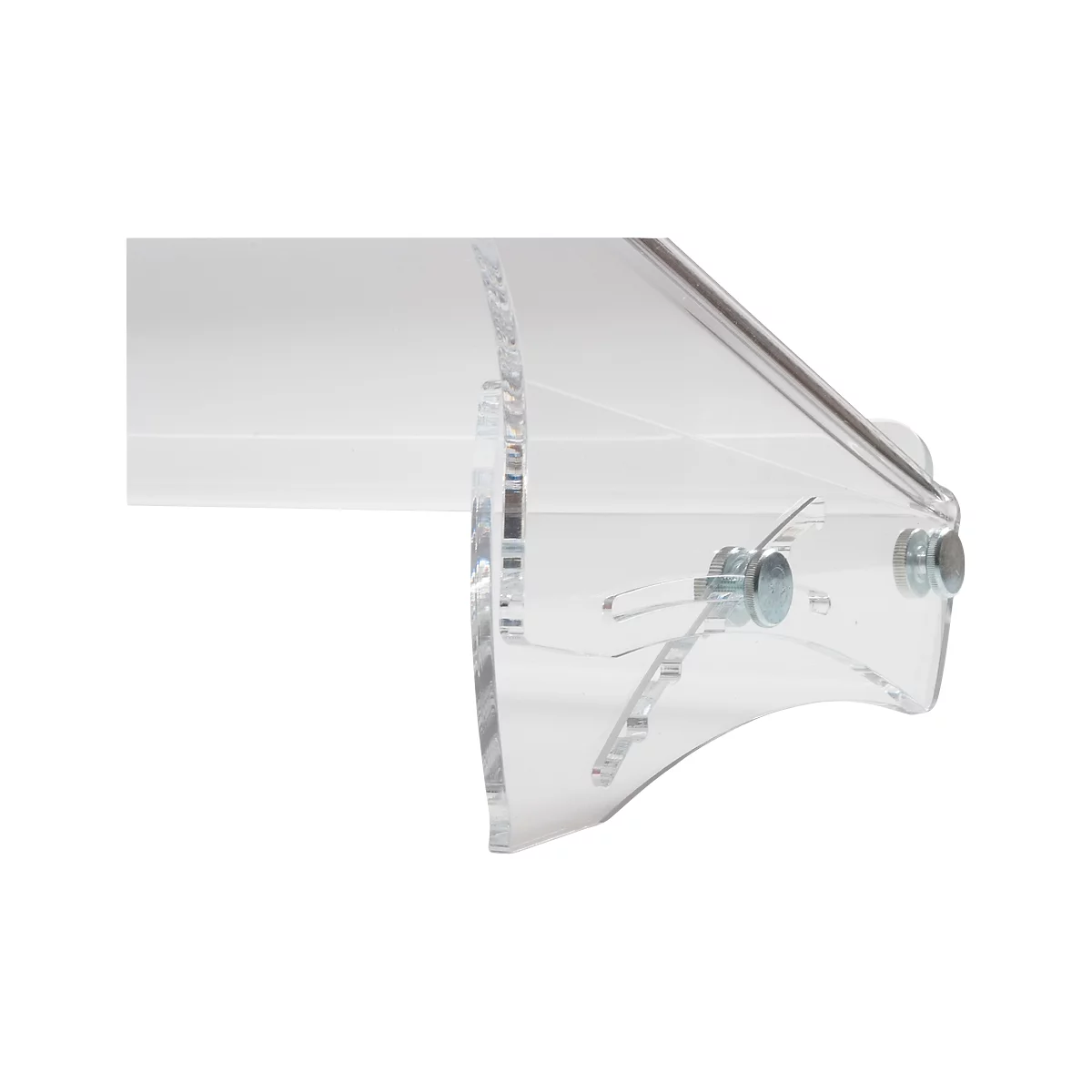 Close-up of a transparent acrylic angle, fixed with screws.