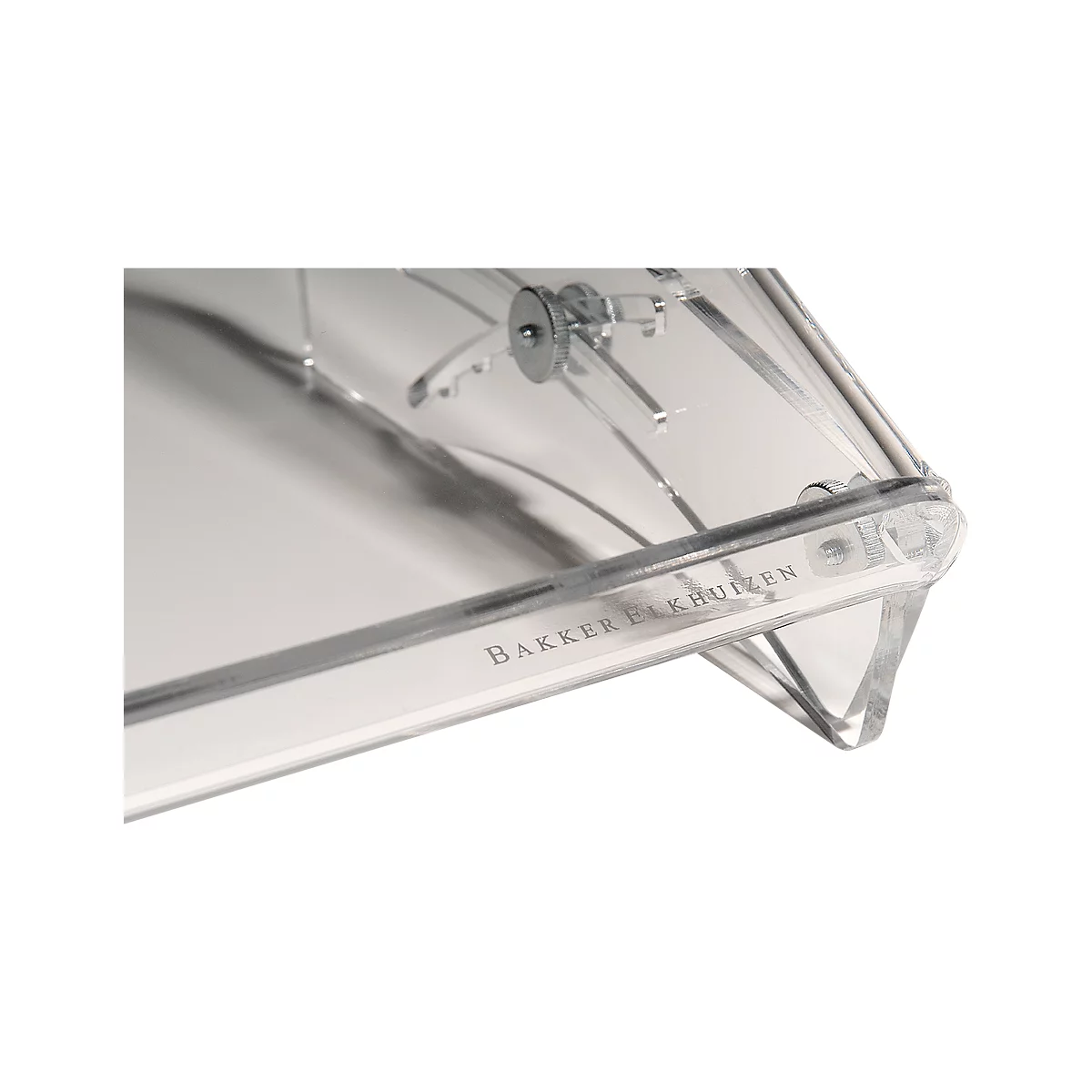 Close-up of a transparent plastic part with the lettering "Bakker Elkhuizen".