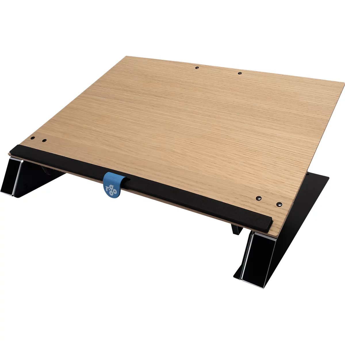 A wooden laptop stand with black accents and a blue accent. The stand is slightly angled.