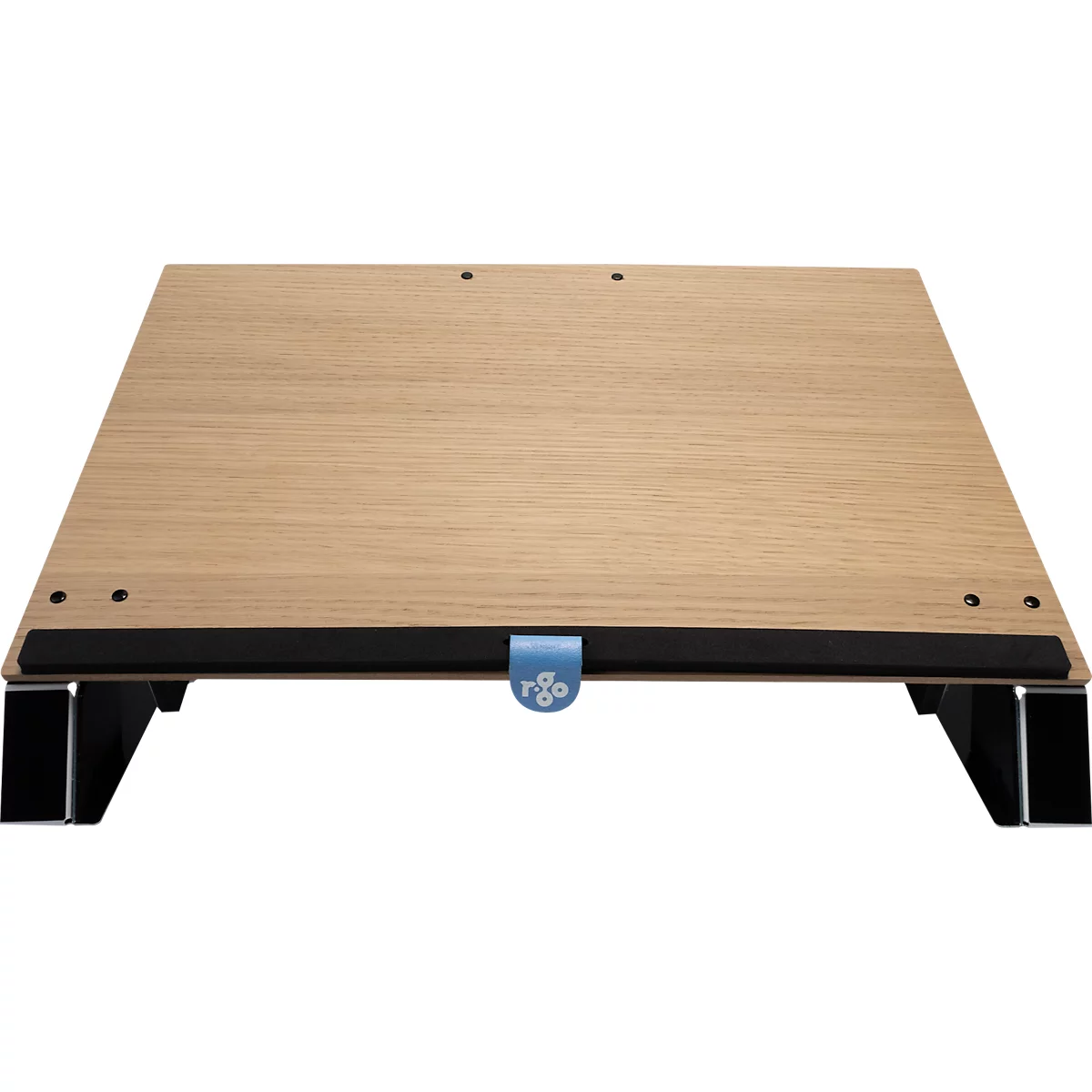 A light wood laptop stand on black feet. There's a black strip at the bottom. A blue logo is attached in the middle.