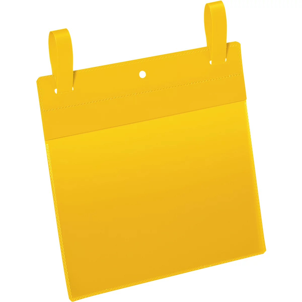 Yellow, rectangular bag with two loops at the top. A hole is visible in the top part.
