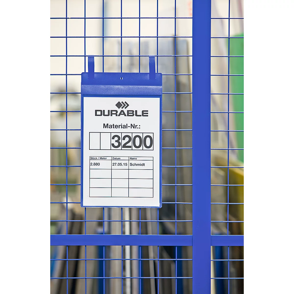 Blue sign with "DURABLE", Material No. 3200, on a blue grid. Below is a table with data.