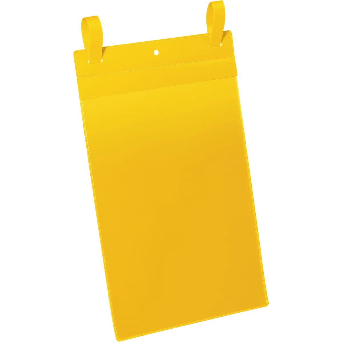 Yellow, rectangular sign with two loops at the top and a hole in the middle. Tilt.