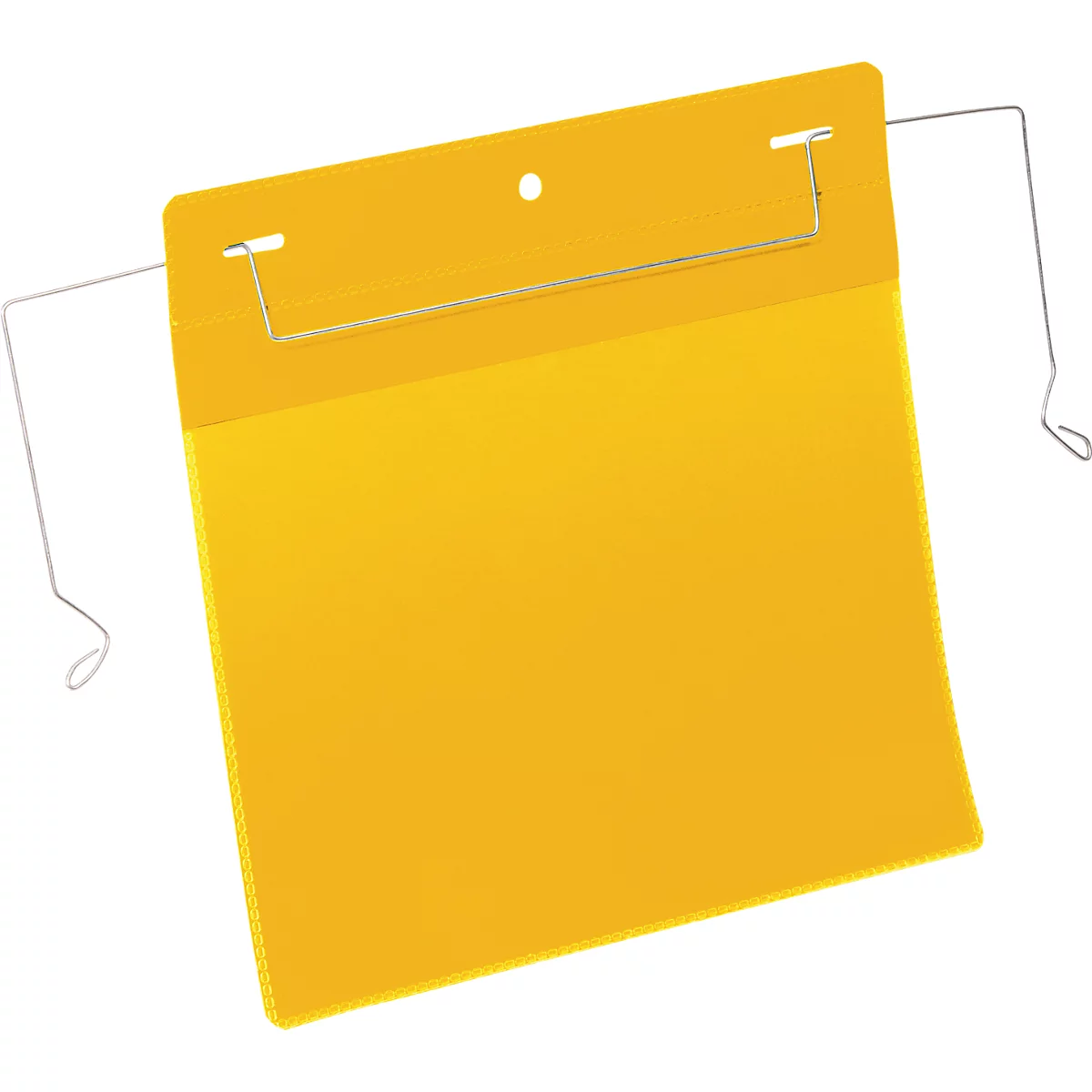Yellow ID badge holder with wire hangers.